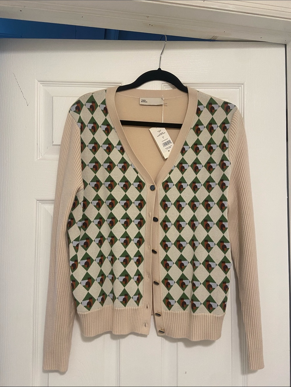Tory Burch Beige Argyle V-Neck Cardigan with Green & Brown Accents